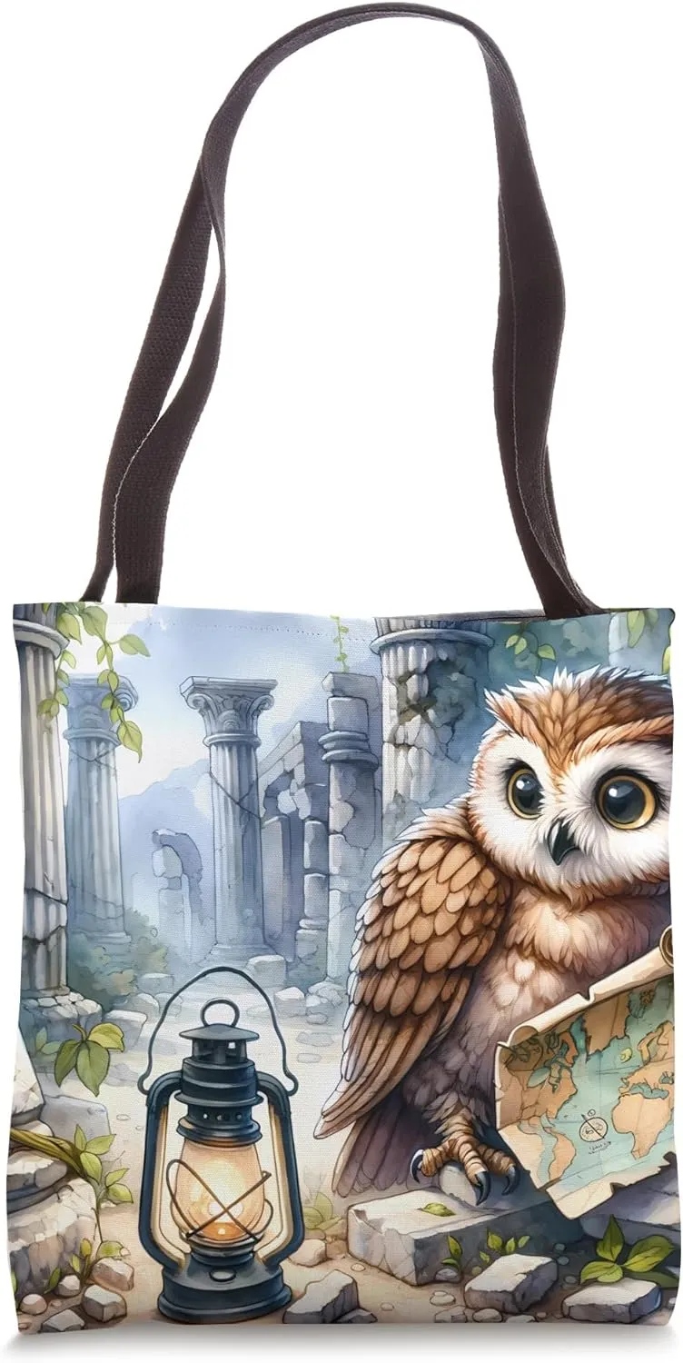 Owl Exploring Ruins With Map And Lantern. Crumbling Pillars Tote Bag