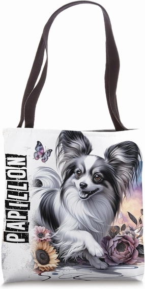 Papillion Dog Mama Dad Floral Continental Toy Spaniel Tote Bag