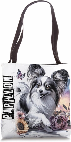 Papillion Dog Mama Dad Floral Continental Toy Spaniel Tote Bag