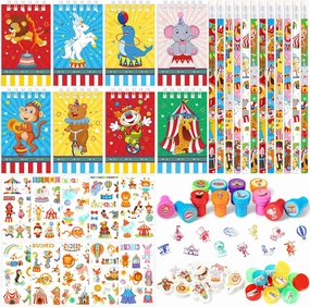 Pasimy 70 Pcs Carnival Party Favors Circus Party Favors Clown Animal Mini Notebook Pencil Sticker Sharpener Eraser Carnival Theme Goodie Bag Fillers Circus Gift for Birthday Baby Shower Supplies