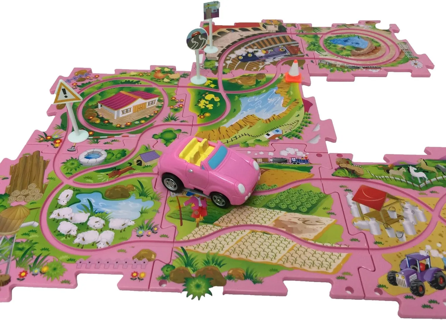 Perfect Life Ideas Theme Vehicle Puzzle Track Play Set - Battery Operated Toy Themed Style Vehicle Runs on Interchangeable Puzzle Tracks - Make up to 50 Track Combinations (Pink Sports Car)