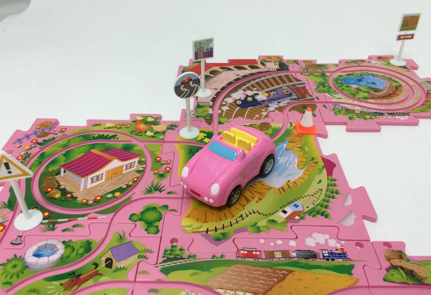 Perfect Life Ideas Theme Vehicle Puzzle Track Play Set - Battery Operated Toy Themed Style Vehicle Runs on Interchangeable Puzzle Tracks - Make up to 50 Track Combinations (Pink Sports Car)