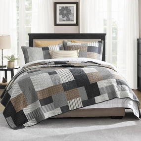 PERHOM Quilt Queen Size - 100% Cotton Lightweight Bedspread - Gray Brown Black White Plaid Patchwork Soft Reversible Quilt Queen Size for Bed Set All Season, 3 Pieces