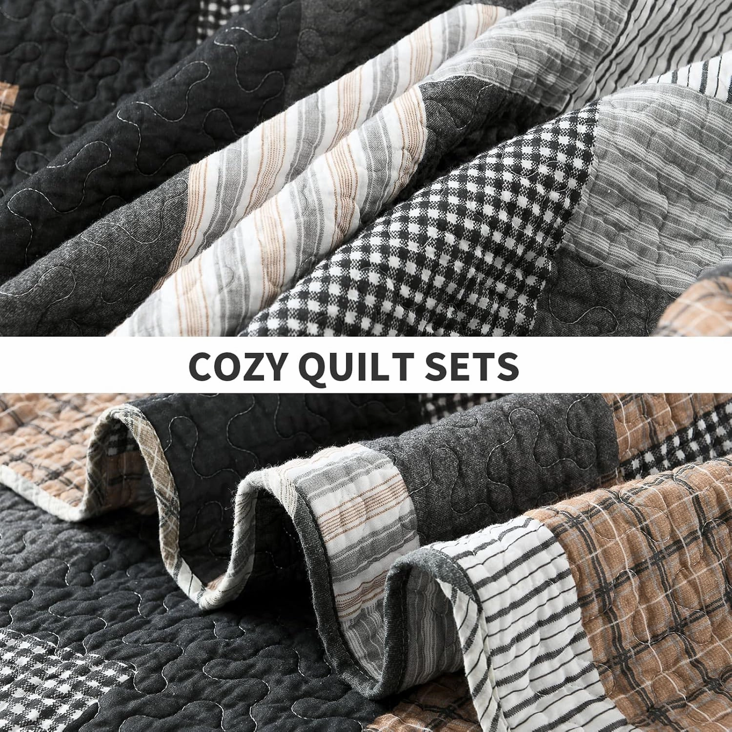 PERHOM Quilt Queen Size - 100% Cotton Lightweight Bedspread - Gray Brown Black White Plaid Patchwork Soft Reversible Quilt Queen Size for Bed Set All Season, 3 Pieces