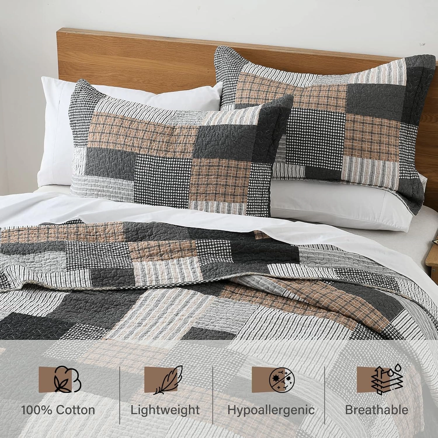 PERHOM Quilt Queen Size - 100% Cotton Lightweight Bedspread - Gray Brown Black White Plaid Patchwork Soft Reversible Quilt Queen Size for Bed Set All Season, 3 Pieces