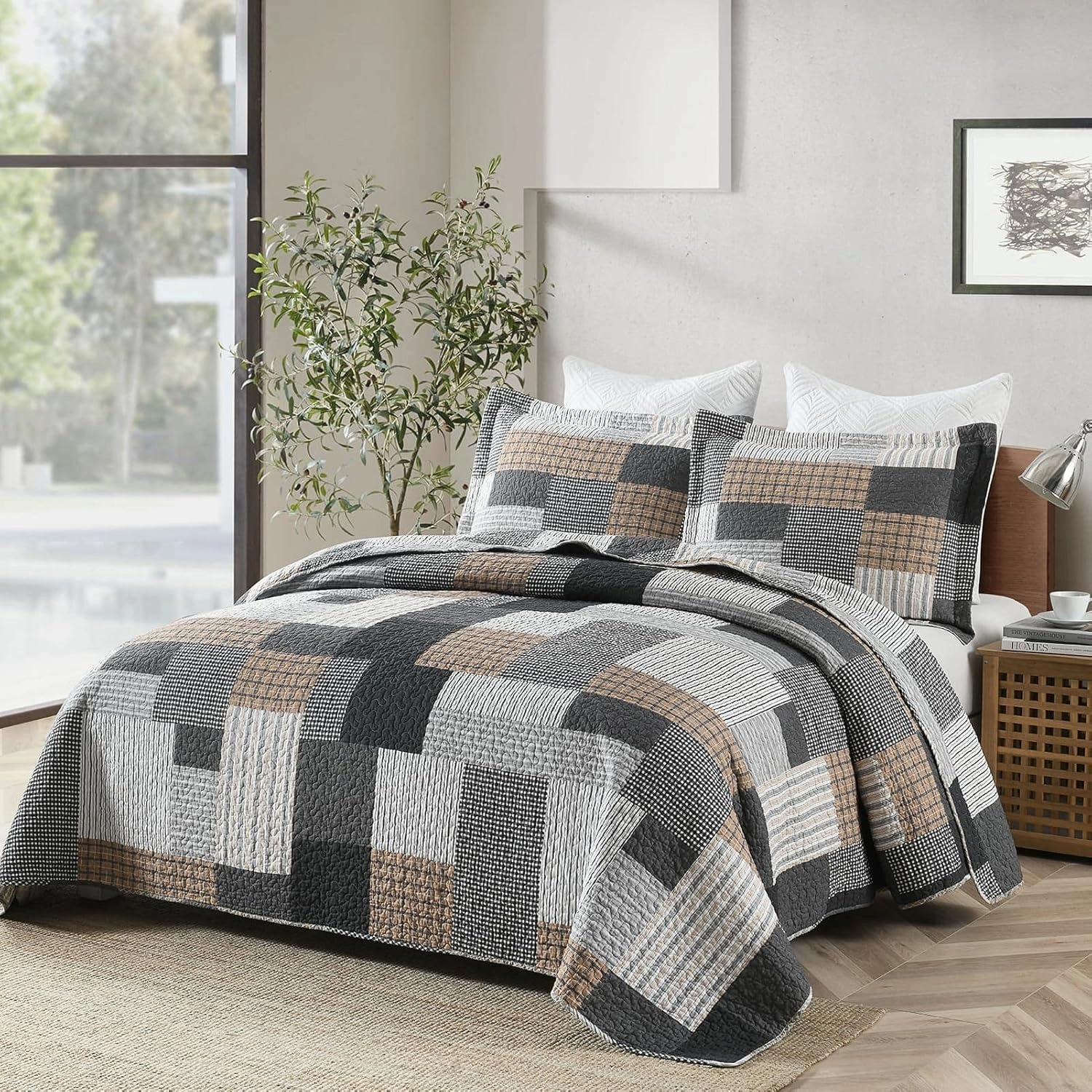 PERHOM Quilt Queen Size - 100% Cotton Lightweight Bedspread - Gray Brown Black White Plaid Patchwork Soft Reversible Quilt Queen Size for Bed Set All Season, 3 Pieces