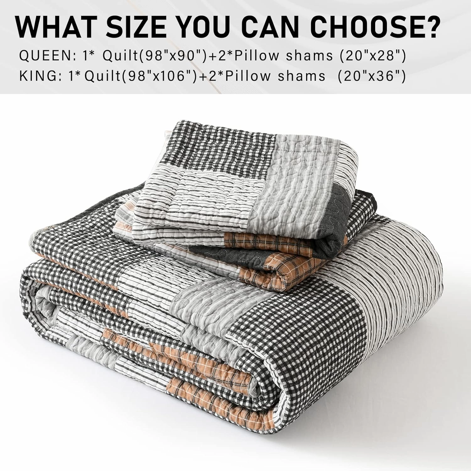 PERHOM Quilt Queen Size - 100% Cotton Lightweight Bedspread - Gray Brown Black White Plaid Patchwork Soft Reversible Quilt Queen Size for Bed Set All Season, 3 Pieces