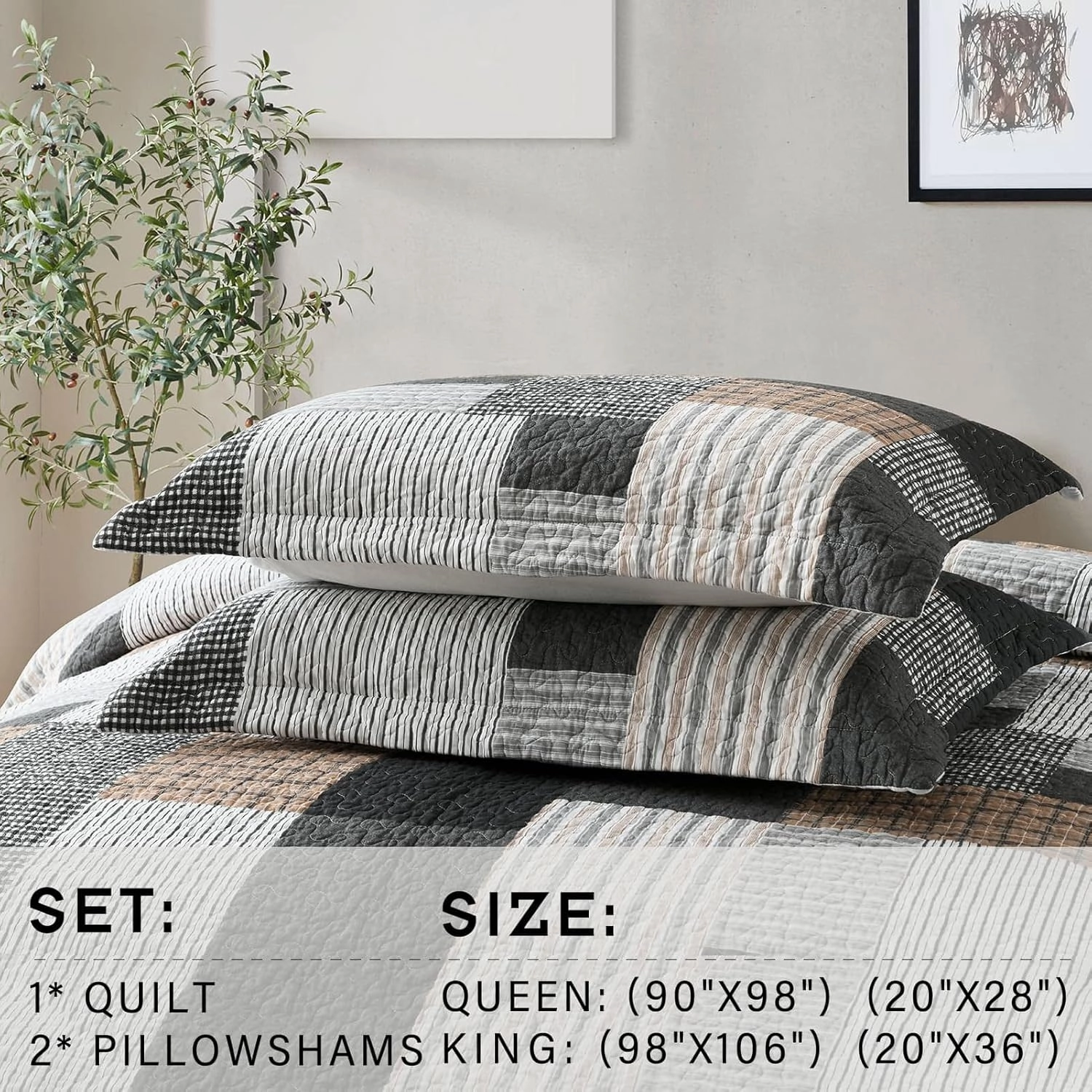 PERHOM Quilt Queen Size - 100% Cotton Lightweight Bedspread - Gray Brown Black White Plaid Patchwork Soft Reversible Quilt Queen Size for Bed Set All Season, 3 Pieces