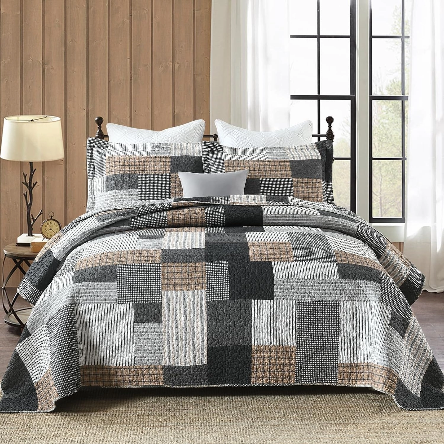 PERHOM Quilt Queen Size - 100% Cotton Lightweight Bedspread - Gray Brown Black White Plaid Patchwork Soft Reversible Quilt Queen Size for Bed Set All Season, 3 Pieces