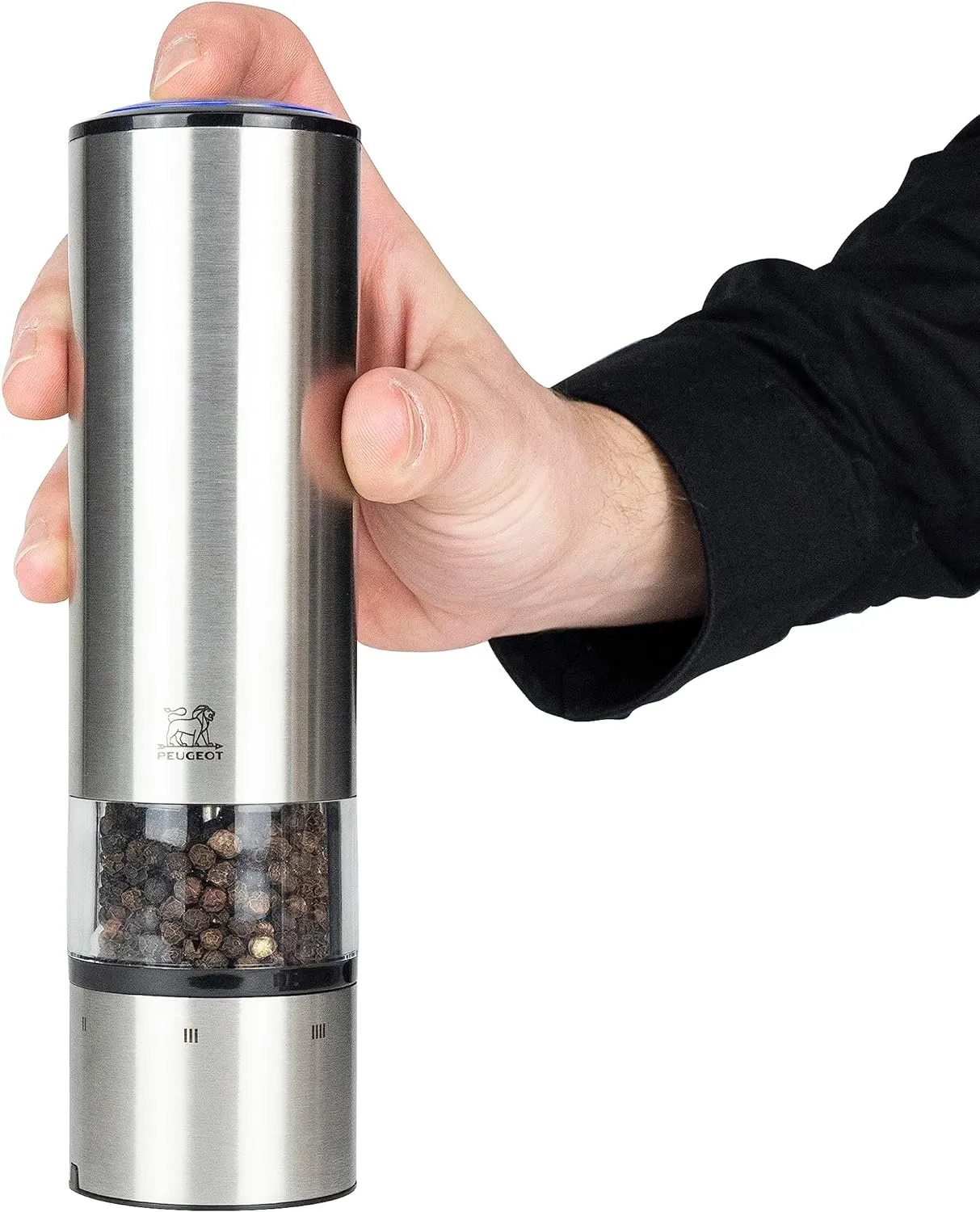 Peugeot - Elis Sense u'Select Electric Salt and Pepper Mill Set - Adjustable Grinders, Battery Powered - Blue LED Light, Stainless Steel, 8-inches