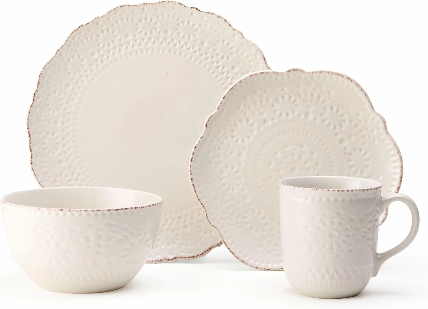 Pfaltzgraff Chateau Cream 16-Piece Dinnerware Set - Stoneware Collection, Elegant Scallop & Dimpled Patterns, Classic Dinnerware for Formal Dining, Service for 4 - Microwave & Dishwasher Safe