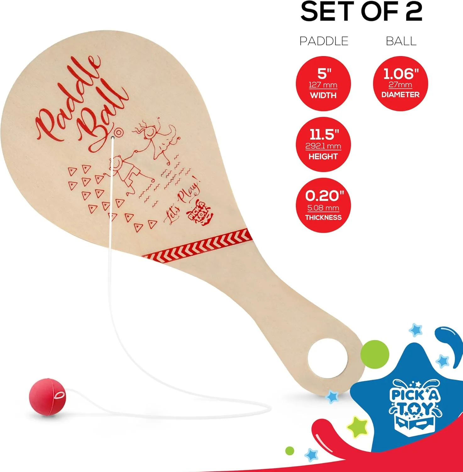 PICK A TOY Wooden Paddle Ball with String (Set of 2) with Green Carry Bag - Indoor Outdoor Toy: Kids Fun and Classic Paddleball Game for Boys and Girls, Party Favor Toys Ages 4 