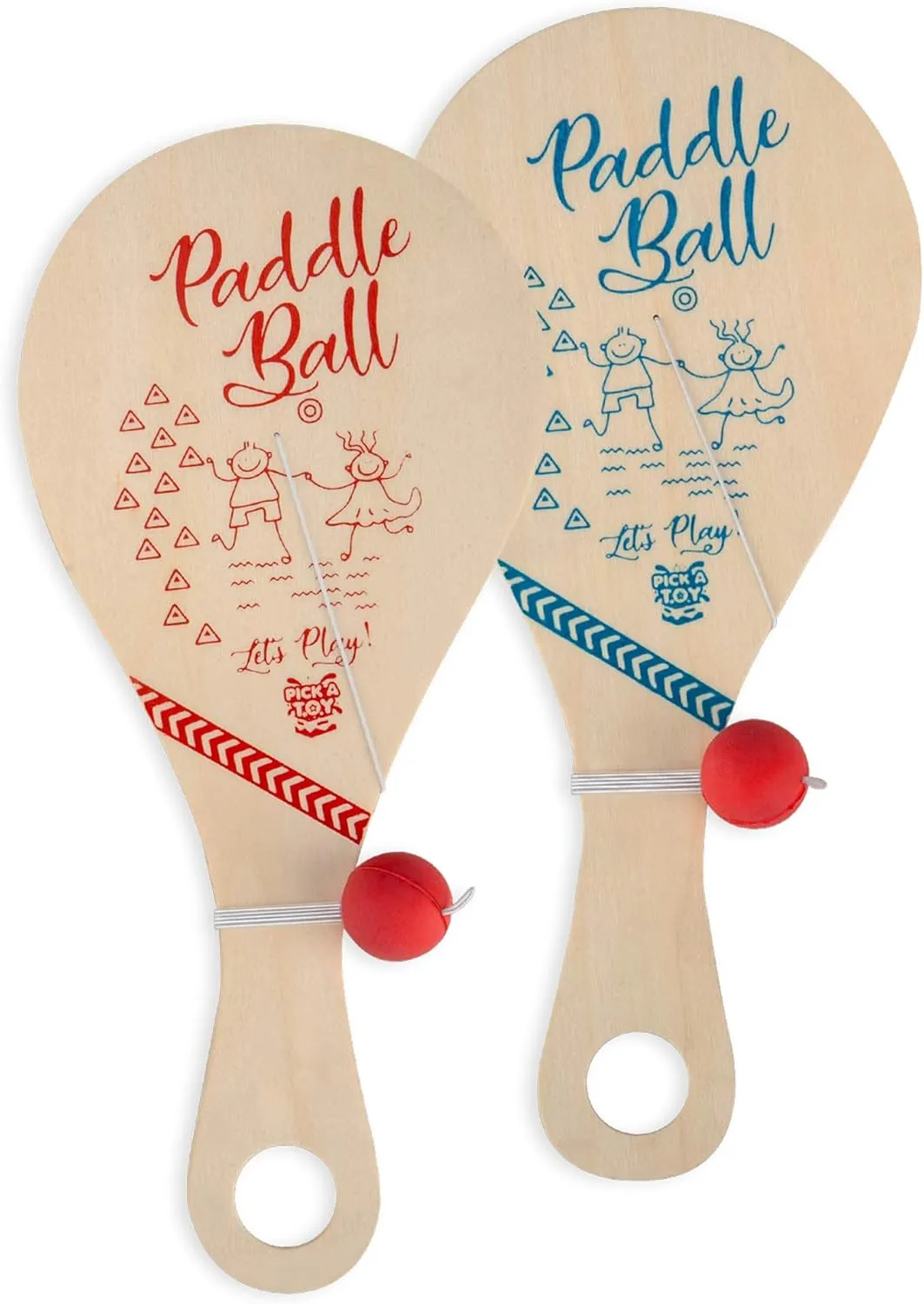 PICK A TOY Wooden Paddle Ball with String (Set of 2) with Green Carry Bag - Indoor Outdoor Toy: Kids Fun and Classic Paddleball Game for Boys and Girls, Party Favor Toys Ages 4 