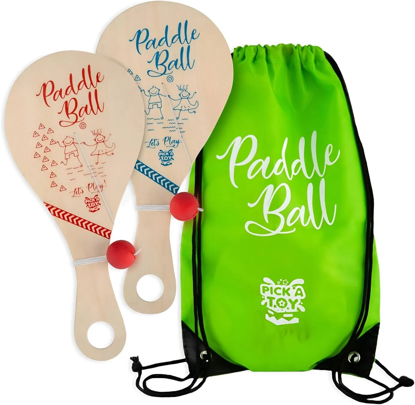PICK A TOY Wooden Paddle Ball with String (Set of 2) with Green Carry Bag - Indoor Outdoor Toy: Kids Fun and Classic Paddleball Game for Boys and Girls, Party Favor Toys Ages 4 