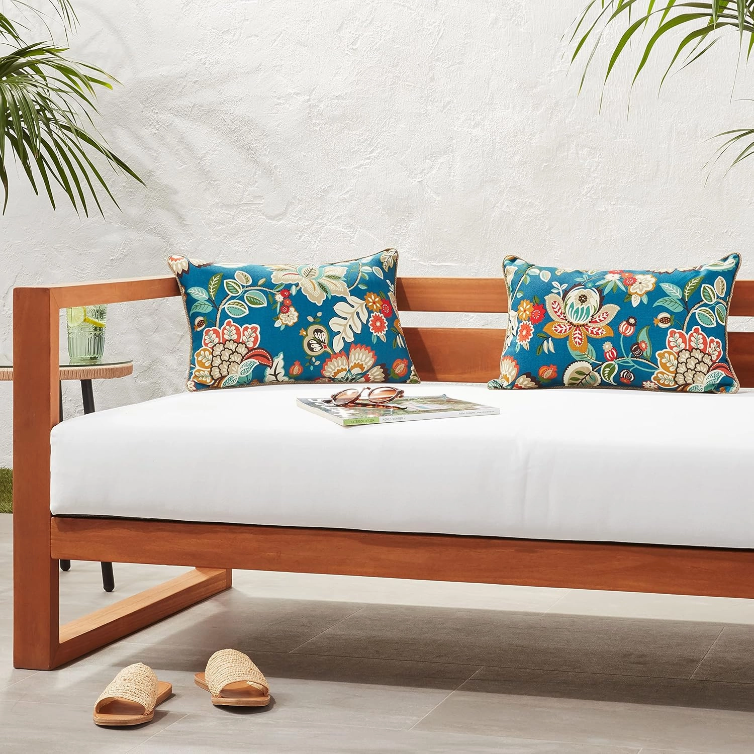 Pillow Perfect Floral Indoor/Outdoor Accent Throw Pillow Plush Fill, Weather, and Fade Resistant, Lumbar - 11.5" x 18.5", Blue/Tan Telfair Peacock 2 Count