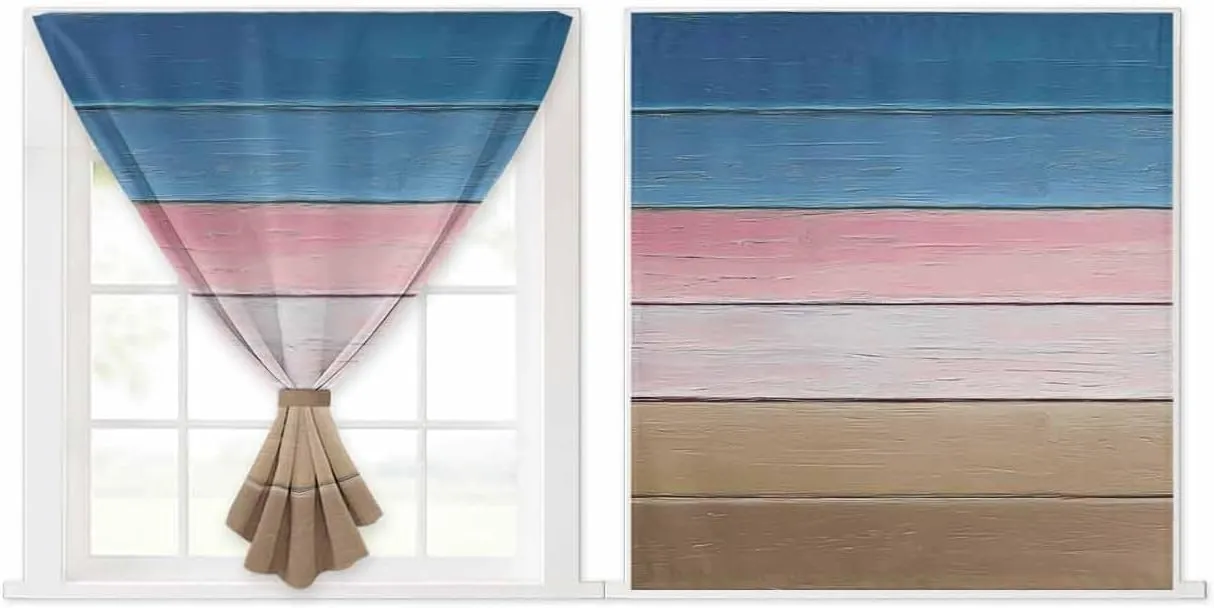 Pink Blue Brown Self Adhesive Blackout Curtains with Tiebacks,Portable Rod Pocket Living Room Darkening Curtains,Farmhouse Gradient Wooden Plank Art Thermal Insulated Windows Cover,59Wx63H