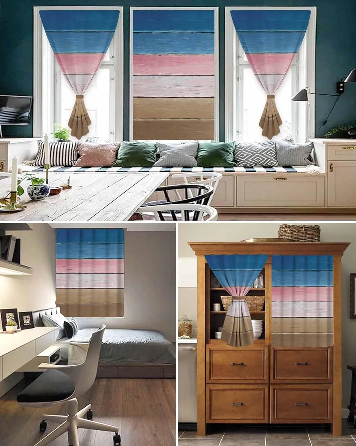 Pink Blue Brown Self Adhesive Blackout Curtains with Tiebacks,Portable Rod Pocket Living Room Darkening Curtains,Farmhouse Gradient Wooden Plank Art Thermal Insulated Windows Cover,59Wx63H