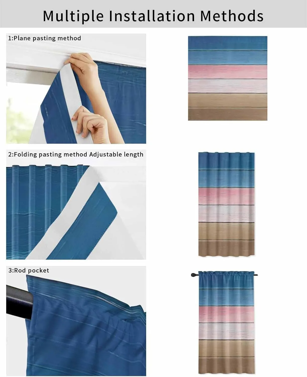 Pink Blue Brown Self Adhesive Blackout Curtains with Tiebacks,Portable Rod Pocket Living Room Darkening Curtains,Farmhouse Gradient Wooden Plank Art Thermal Insulated Windows Cover,59Wx63H