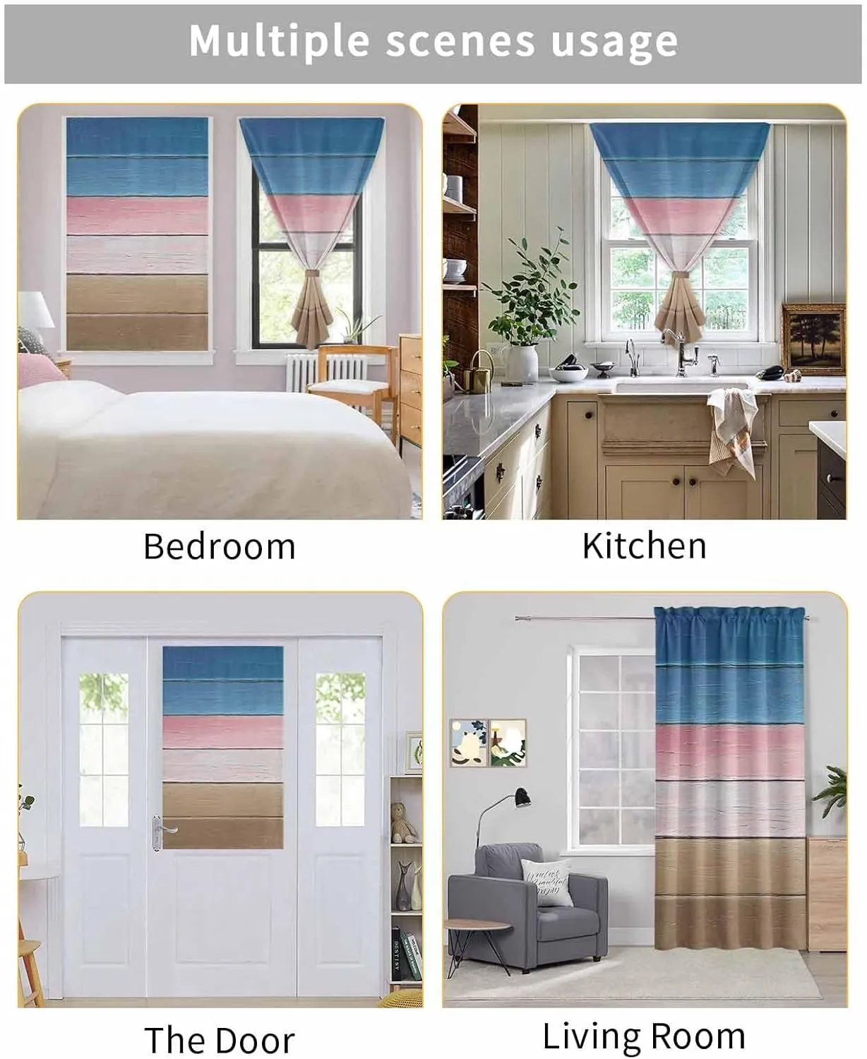 Pink Blue Brown Self Adhesive Blackout Curtains with Tiebacks,Portable Rod Pocket Living Room Darkening Curtains,Farmhouse Gradient Wooden Plank Art Thermal Insulated Windows Cover,59Wx63H
