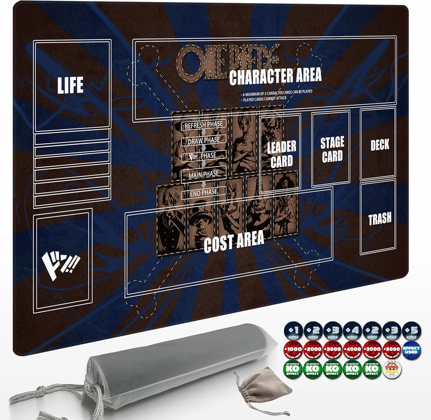Playmat for One Piece Card Game with Damage Counters & Professional Storage Bag, 24x14 Inches TCG Gaming Mat with Non-Slip Rubber and Zones for Single Player (Black1)