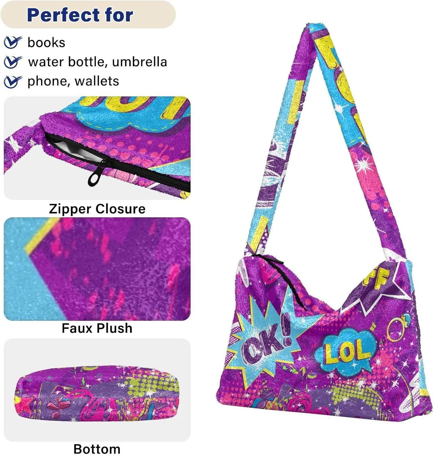 Plush Underarm Bag Ladies Fluffy Shoulder Bag Women Furry Fashions Tote Bag Plush Handbag for Autumn and Winter Multicolor 1