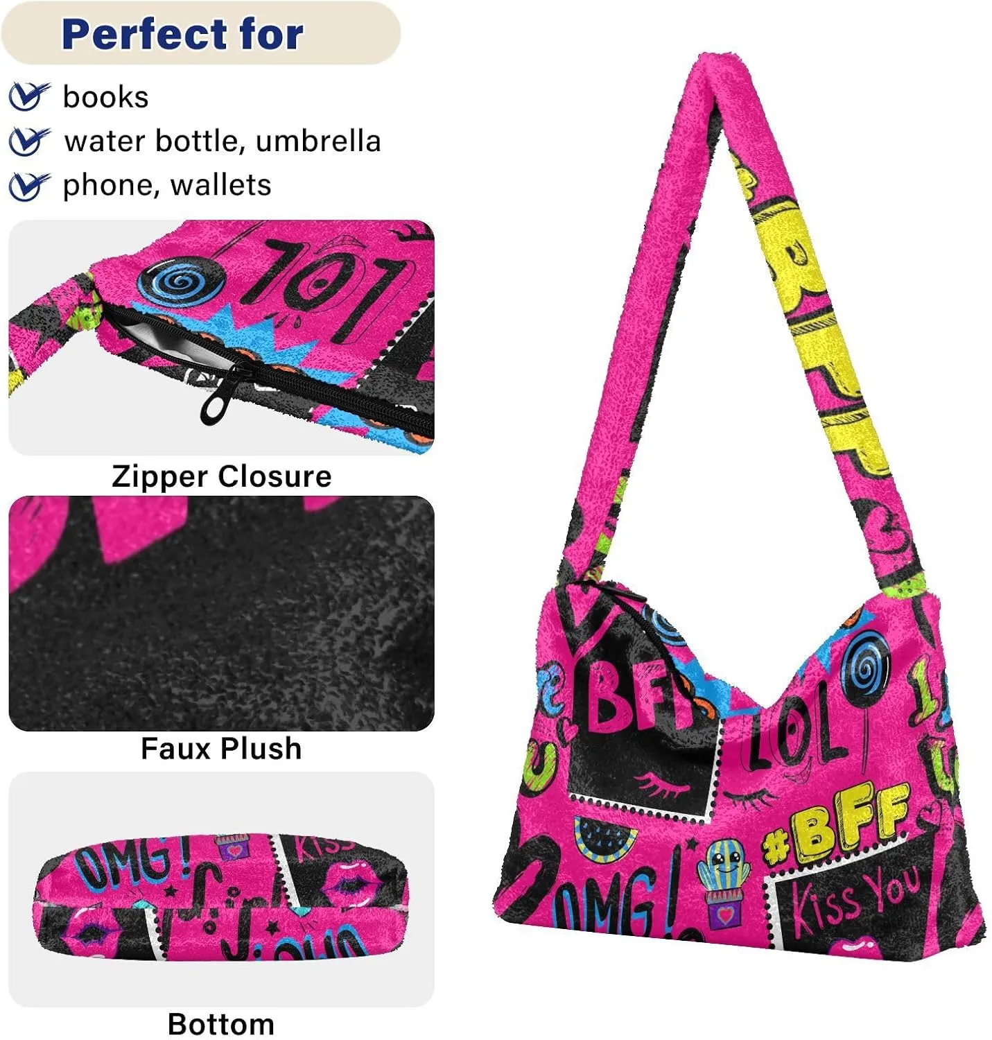 Plush Underarm Bag Ladies Fluffy Shoulder Bag Women Furry Fashions Tote Bag Plush Handbag for Autumn and Winter Multicolor 1