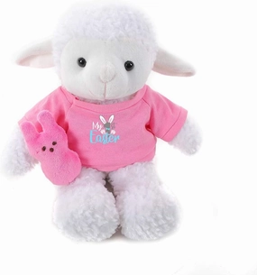 Plushland 1ST Easter Stuffed Animal with Bunny Carrot Soft Lovely Realistic Sitting Plush Toys Personalized Gift - Custom Text on Shirt 12 Inches (Sheep Pink)