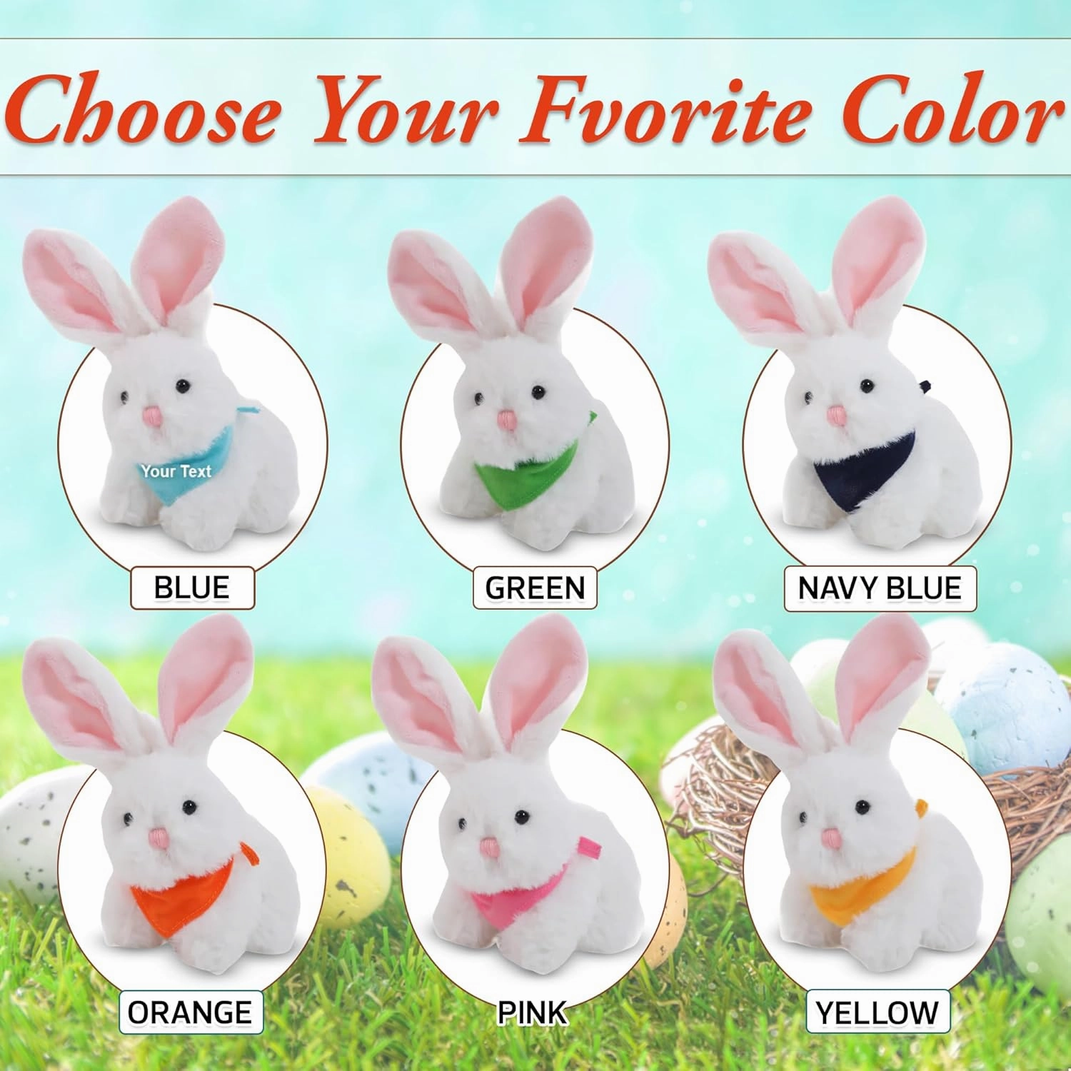Plushland Easter Bunny Stuffed Animal with Bandana Soft Lovely Realistic Plush Toys Personalized Basket Gift - Custom Text on Bandana 6 Inches (White-Baby Blue)
