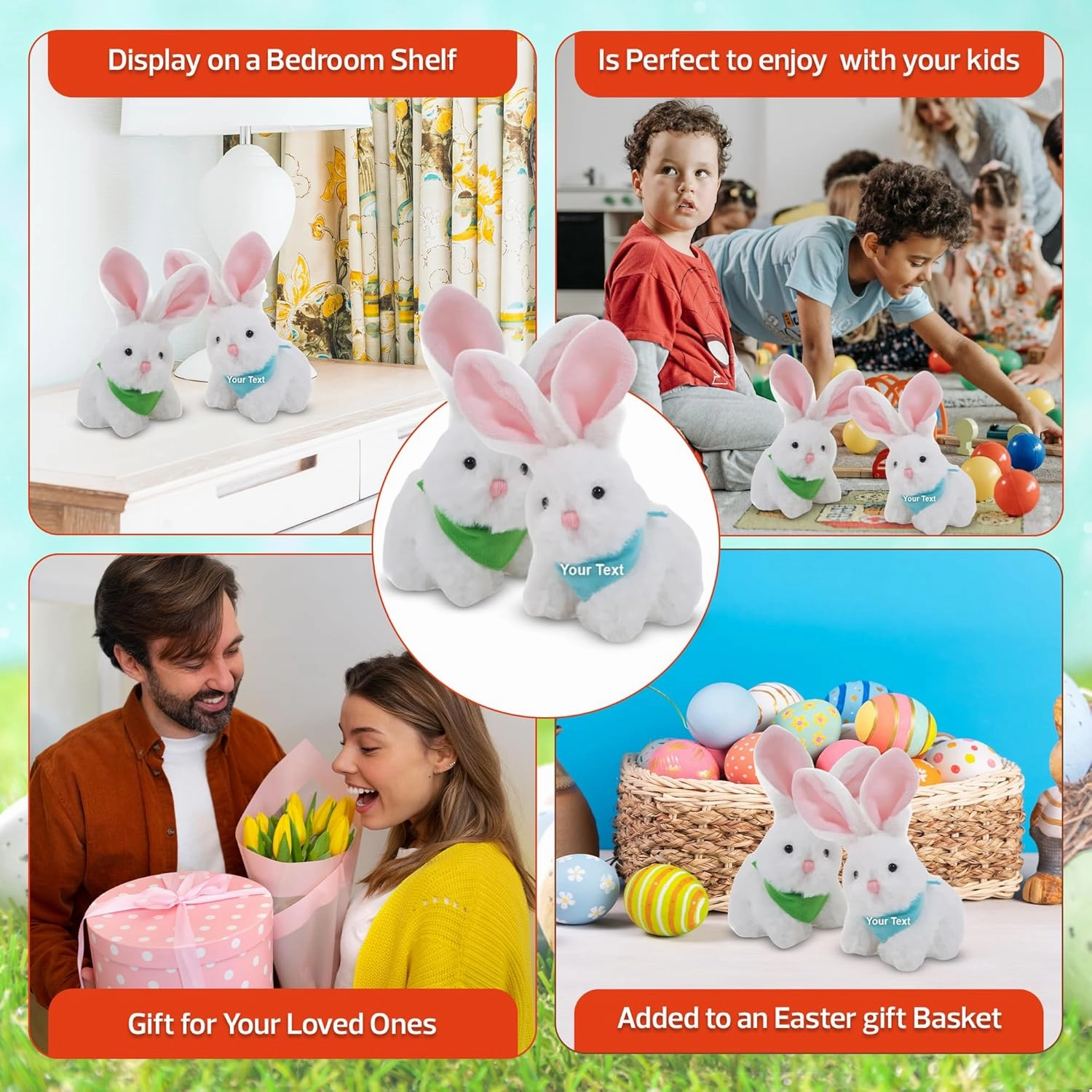 Plushland Easter Bunny Stuffed Animal with Bandana Soft Lovely Realistic Plush Toys Personalized Basket Gift - Custom Text on Bandana 6 Inches (White-Baby Blue)
