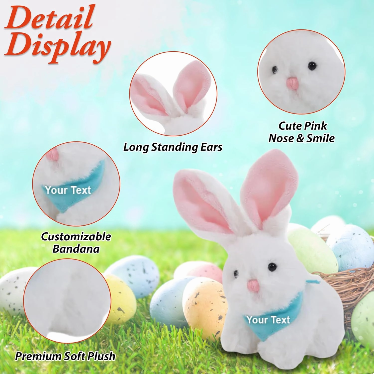 Plushland Easter Bunny Stuffed Animal with Bandana Soft Lovely Realistic Plush Toys Personalized Basket Gift - Custom Text on Bandana 6 Inches (White-Baby Blue)
