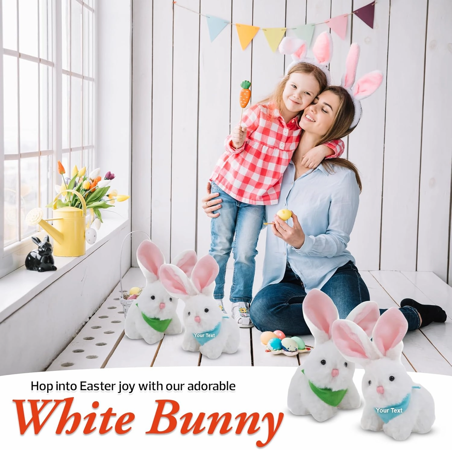 Plushland Easter Bunny Stuffed Animal with Bandana Soft Lovely Realistic Plush Toys Personalized Basket Gift - Custom Text on Bandana 6 Inches (White-Baby Blue)