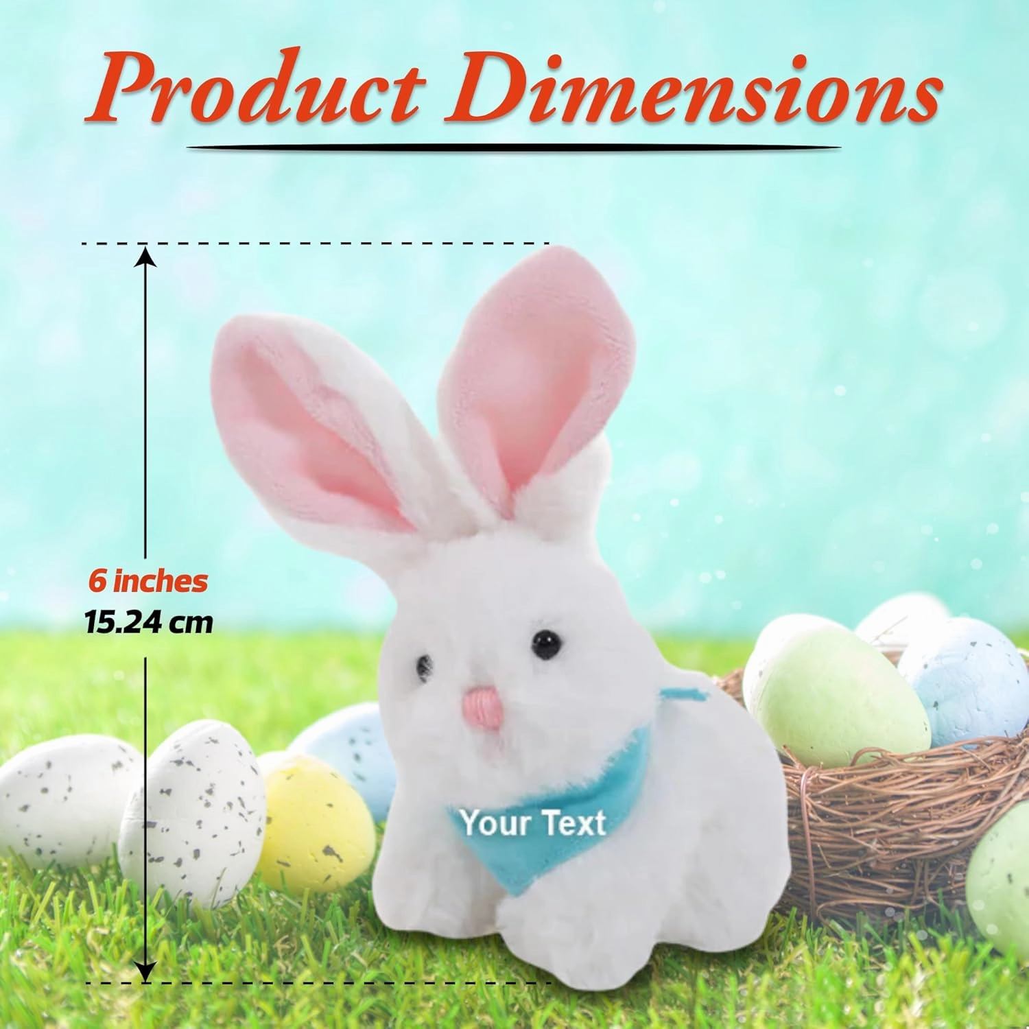 Plushland Easter Bunny Stuffed Animal with Bandana Soft Lovely Realistic Plush Toys Personalized Basket Gift - Custom Text on Bandana 6 Inches (White-Baby Blue)
