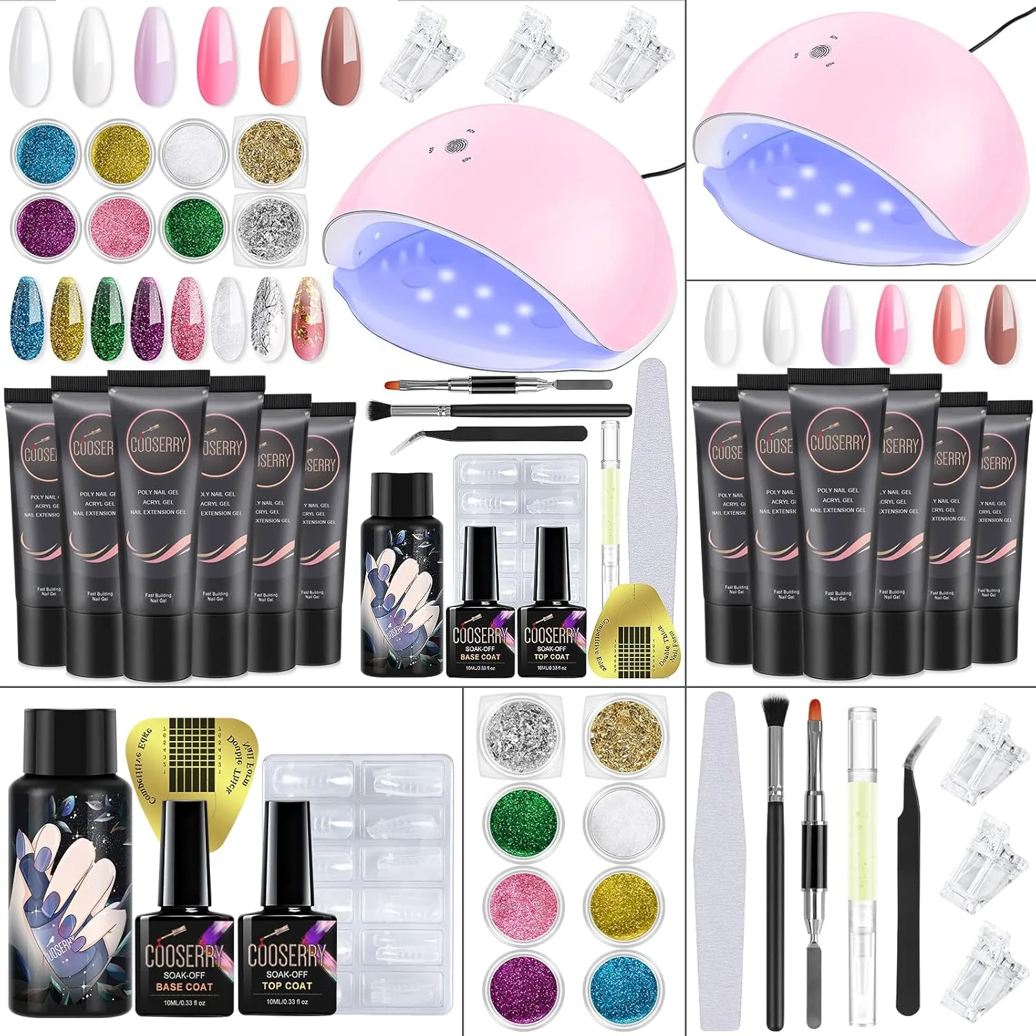 Poly Gel Nail Kit With Lamp, 6 Colors Builder Gel Extension Nails Kit With Nail Tip Clips Slip Solution, LED Lamp For Gel Nails, Dual Forms Starter Kit Nail Foil Glitter For Nails Art Designs