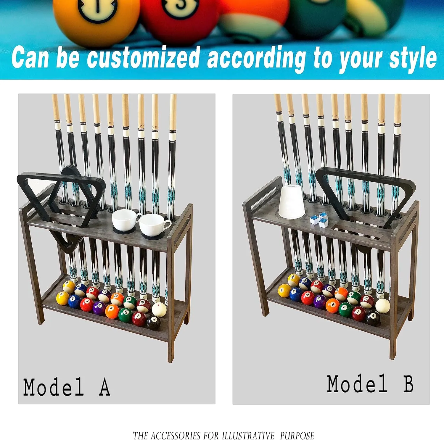 Pool Stick Holder Floor Stand Holds 9 Cues & Pool Table Accessories. Wooden 2-Tier Cue Stick Storage with Ball Rack Hangers, Billiard Cone Chalk Holder or Drink Pads
