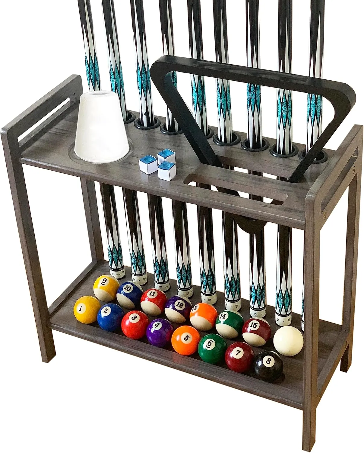 Pool Stick Holder Floor Stand Holds 9 Cues & Pool Table Accessories. Wooden 2-Tier Cue Stick Storage with Ball Rack Hangers, Billiard Cone Chalk Holder or Drink Pads