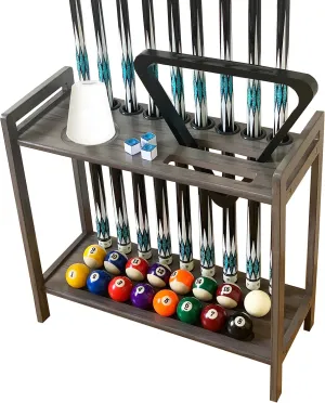 Pool Stick Holder Floor Stand Holds 9 Cues & Pool Table Accessories. Wooden 2-Tier Cue Stick Storage with Ball Rack Hangers, Billiard Cone Chalk Holder or Drink Pads