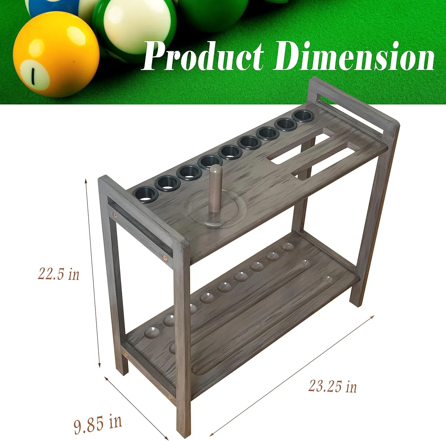 Pool Stick Holder Floor Stand Holds 9 Cues & Pool Table Accessories. Wooden 2-Tier Cue Stick Storage with Ball Rack Hangers, Billiard Cone Chalk Holder or Drink Pads