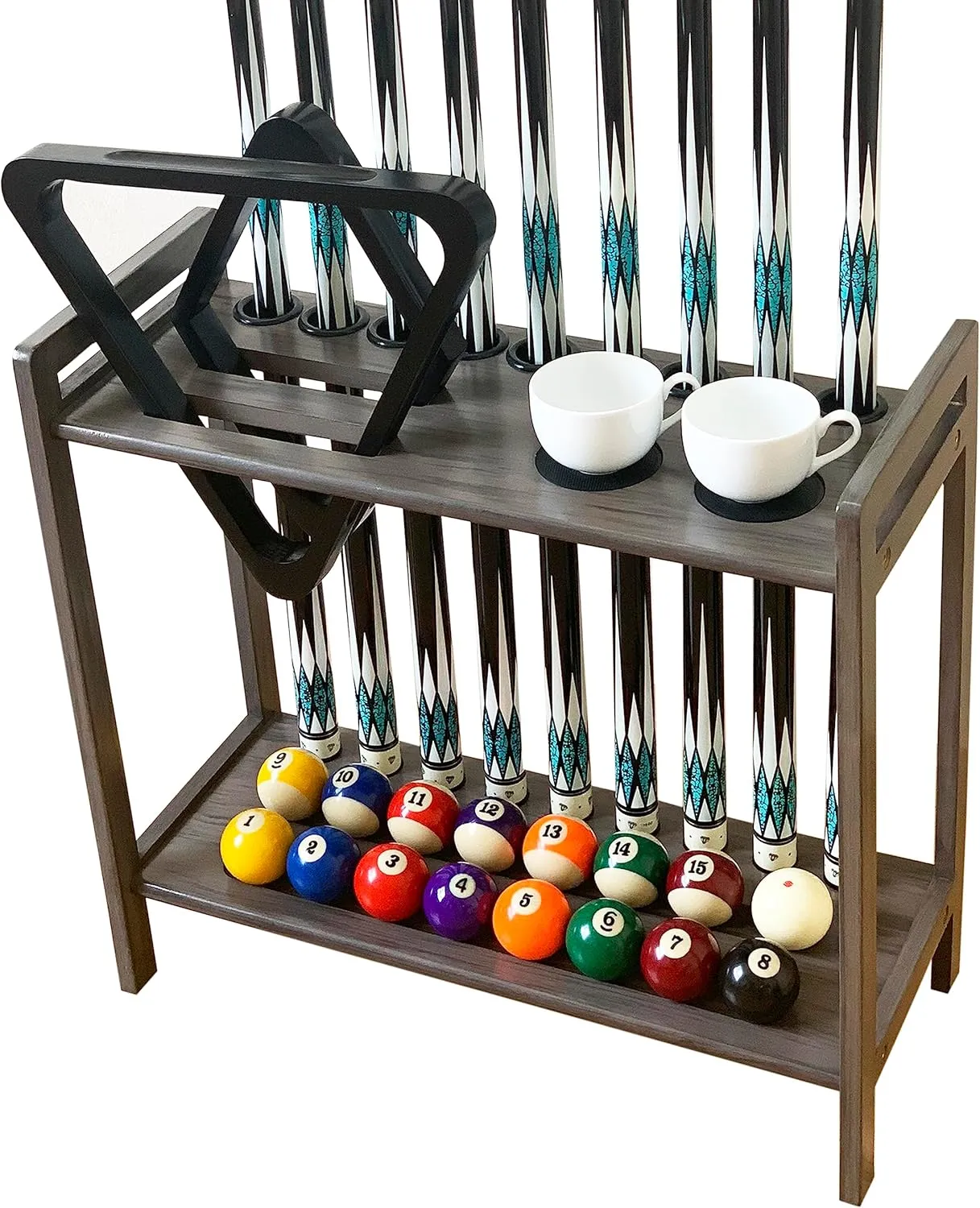 Pool Stick Holder Floor Stand Holds 9 Cues & Pool Table Accessories. Wooden 2-Tier Cue Stick Storage with Ball Rack Hangers, Billiard Cone Chalk Holder or Drink Pads