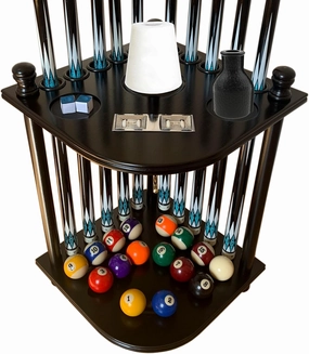 Pool Cue Rack Floor Stand for Cue Stick at Any Size, A Full Set Of Balls, Billiard Table Accessory. Corner Pool Stick Holder 100% Solid Wood with Score Counter, Hook