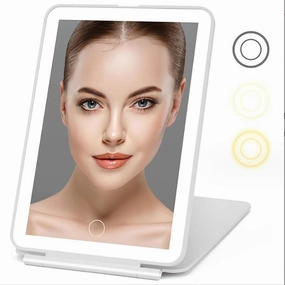 Portable Makeup Mirror with Light,Tabletop LED Folding Vanity Mirror,Dimmable Touch Screen,USB Rechargeable Light Up Mirror,Travel Accessories for Women Girls,White