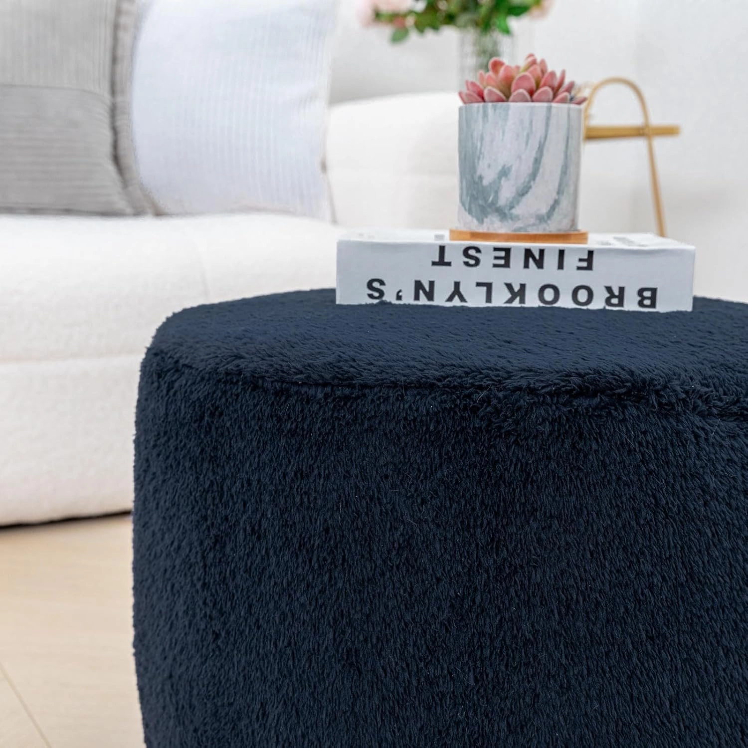 Pouf Ottoman Stuffed Velvet Floor Pouf Footrest Ottoman Foot Stool Bean Bag Floor Chair for Bedroom Living Room 20x12inches with Filler Navy Blue