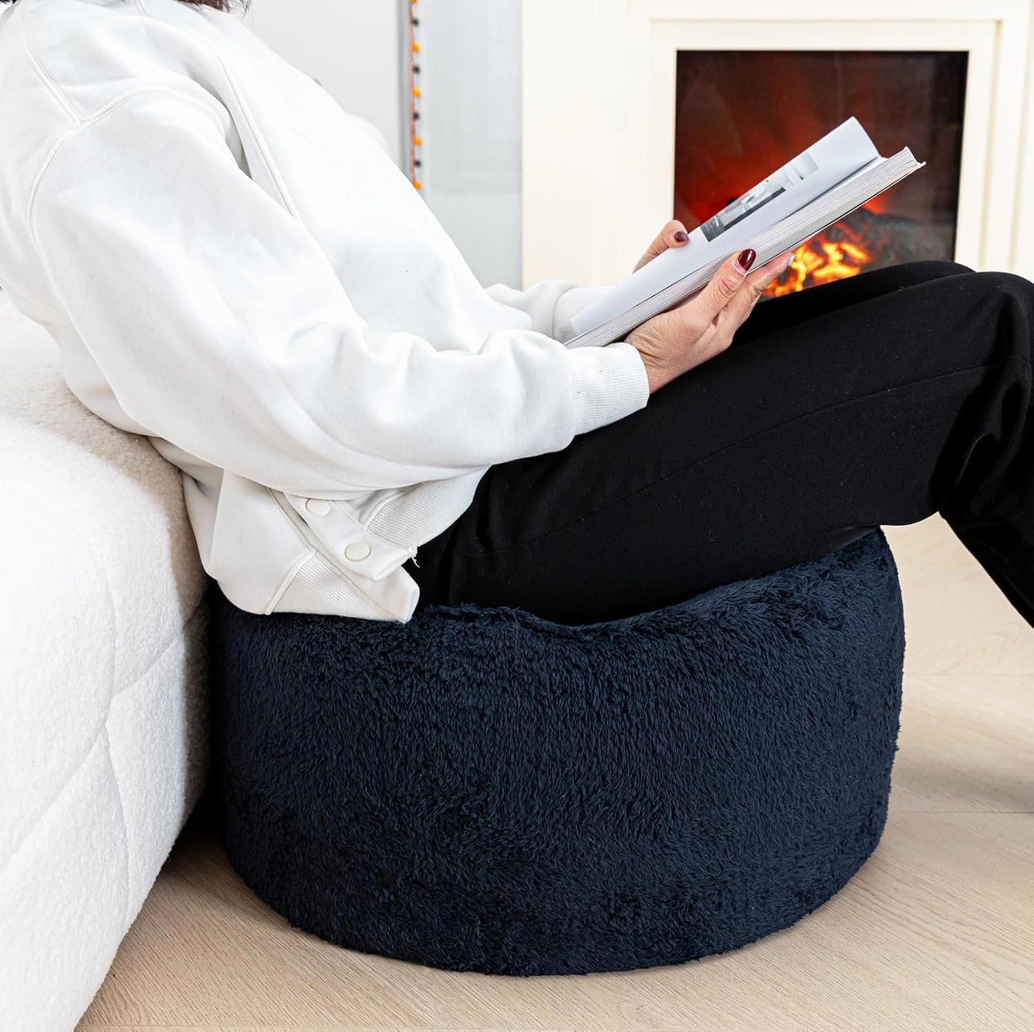 Pouf Ottoman Stuffed Velvet Floor Pouf Footrest Ottoman Foot Stool Bean Bag Floor Chair for Bedroom Living Room 20x12inches with Filler Navy Blue