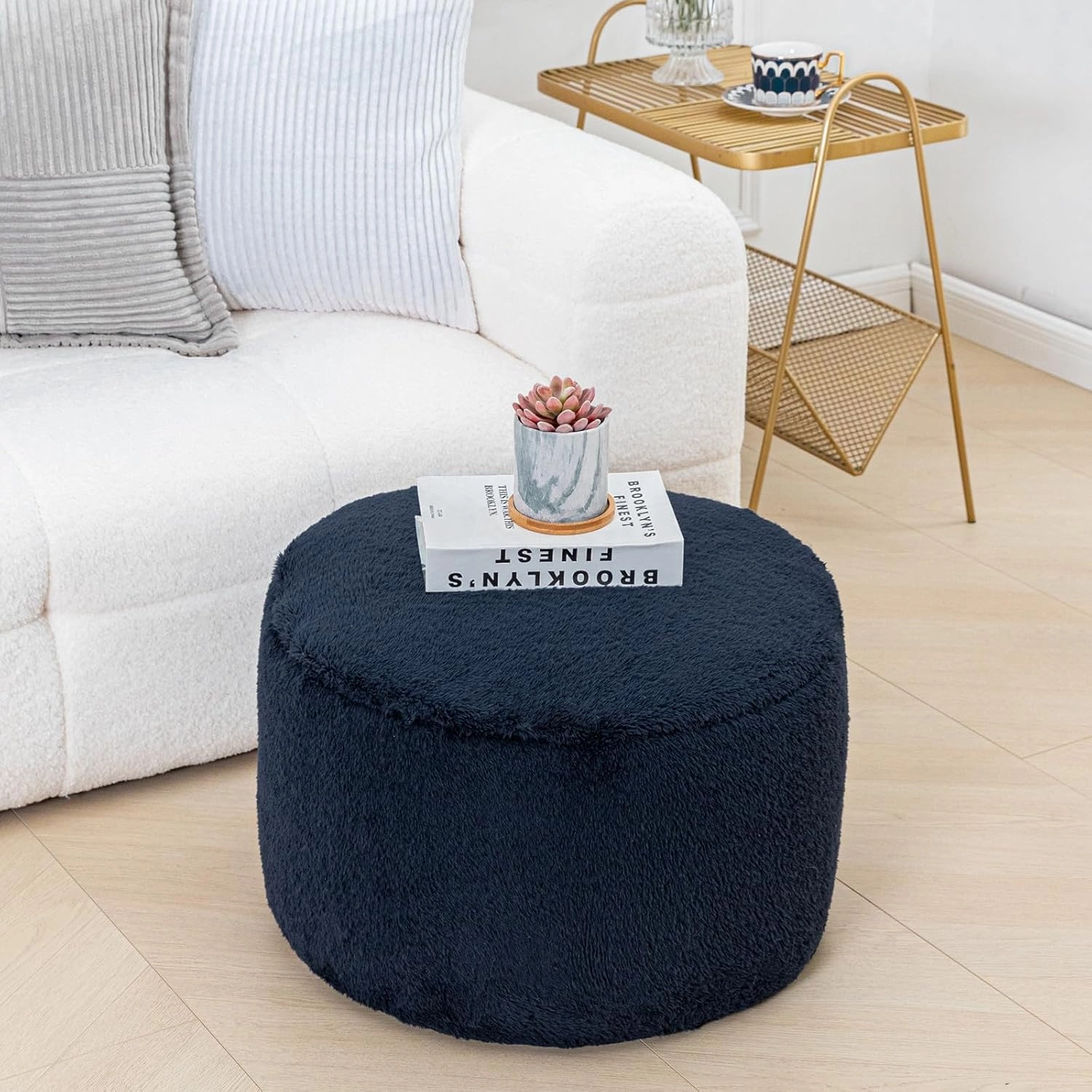 Pouf Ottoman Stuffed Velvet Floor Pouf Footrest Ottoman Foot Stool Bean Bag Floor Chair for Bedroom Living Room 20x12inches with Filler Navy Blue