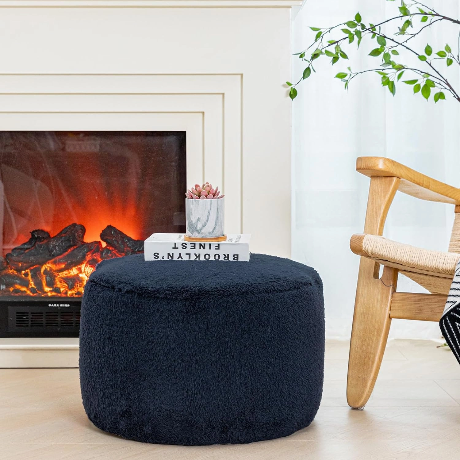 Pouf Ottoman Stuffed Velvet Floor Pouf Footrest Ottoman Foot Stool Bean Bag Floor Chair for Bedroom Living Room 20x12inches with Filler Navy Blue