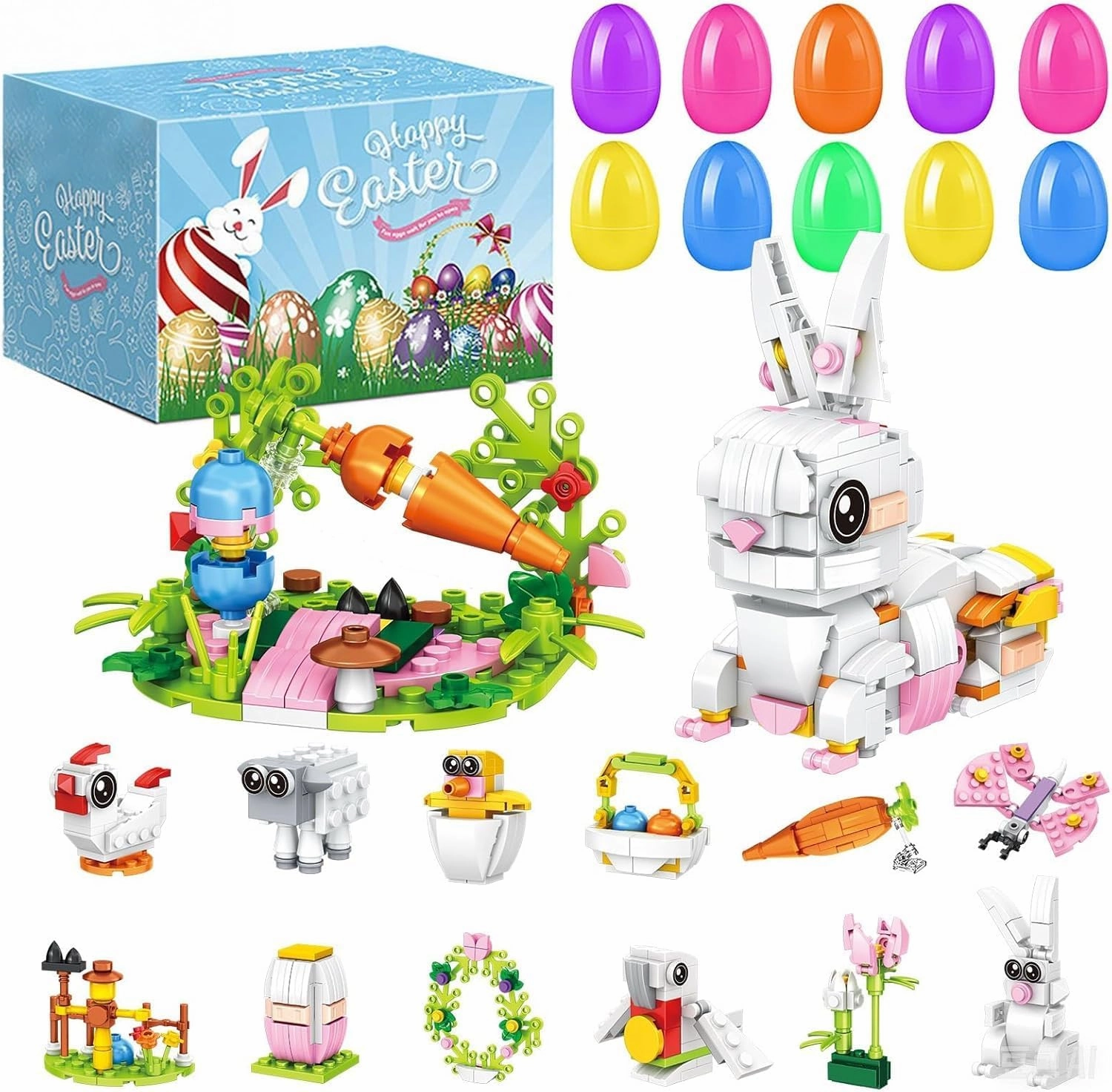Prefilled Easter Eggs with Bunny Building Toys Easter Basket Stuffers Gifts for Kids Eggs Fillers for Egg Hunt Prizes Supplies Classroom Party Favors Basket Essentials