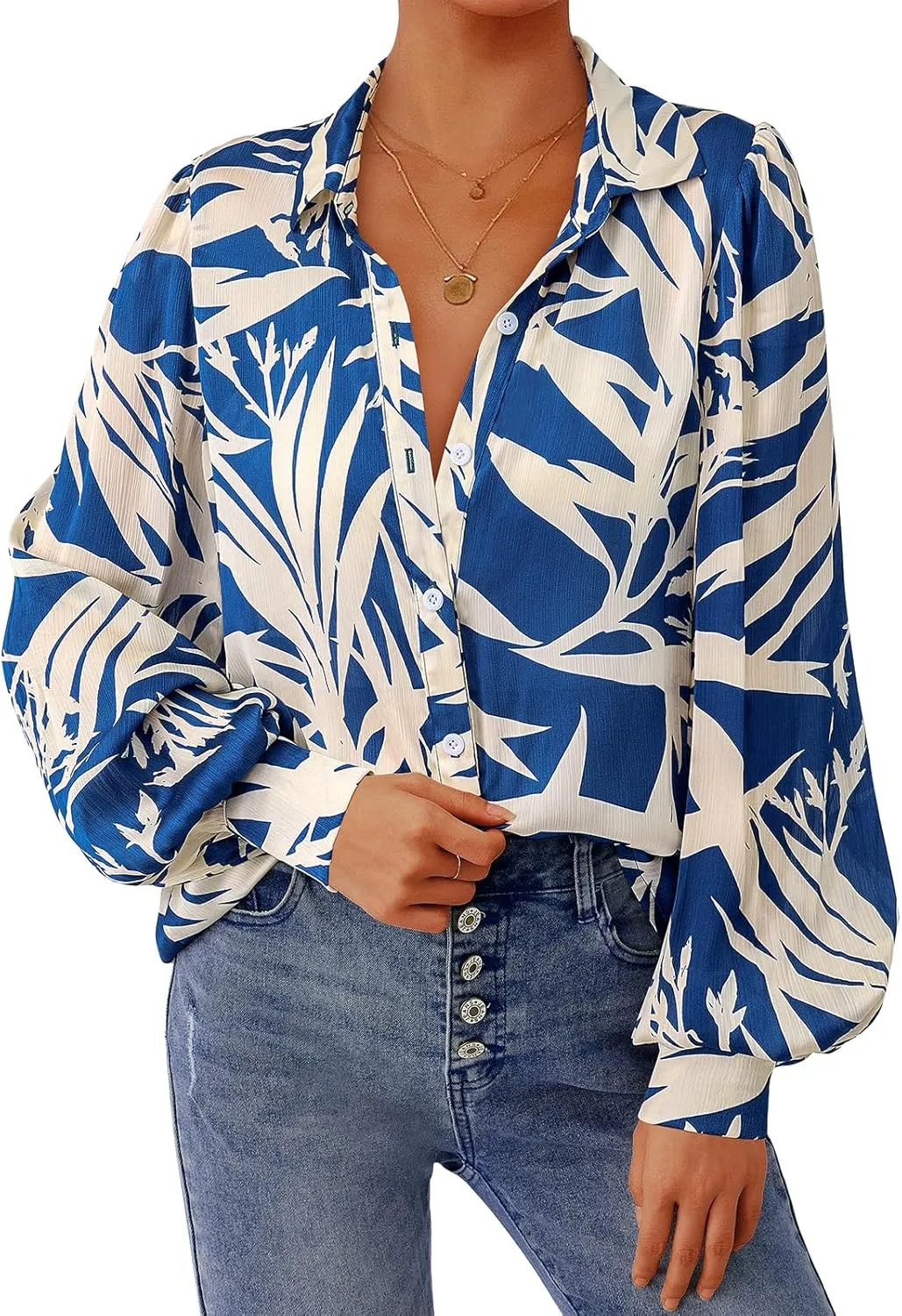 PRETTYGARDEN Women's Floral Blouses Dressy Casual V Neck Button Down Shirts Lantern Long Sleeve Boho Chiffon Spring Tops 2025