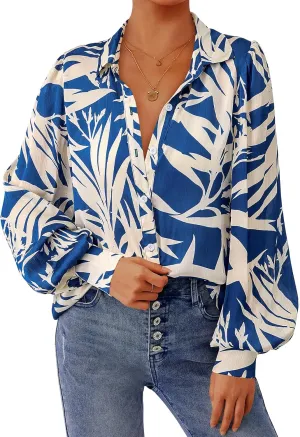 PRETTYGARDEN Women's Floral Blouses Dressy Casual V Neck Button Down Shirts Lantern Long Sleeve Boho Chiffon Spring Tops 2025