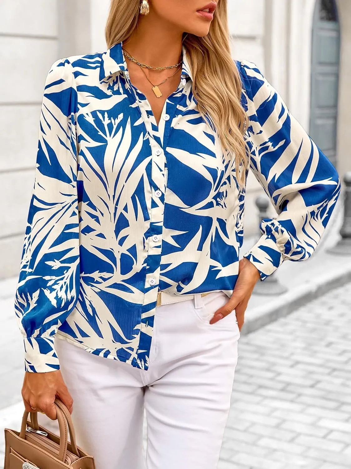 PRETTYGARDEN Women's Floral Blouses Dressy Casual V Neck Button Down Shirts Lantern Long Sleeve Boho Chiffon Spring Tops 2025
