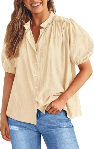 PRETTYGARDEN Women's Summer Button Down Shirts Short Lantern Sleeve V Neck Cotton Cute Dressy Casual Ladies Tops Blouses