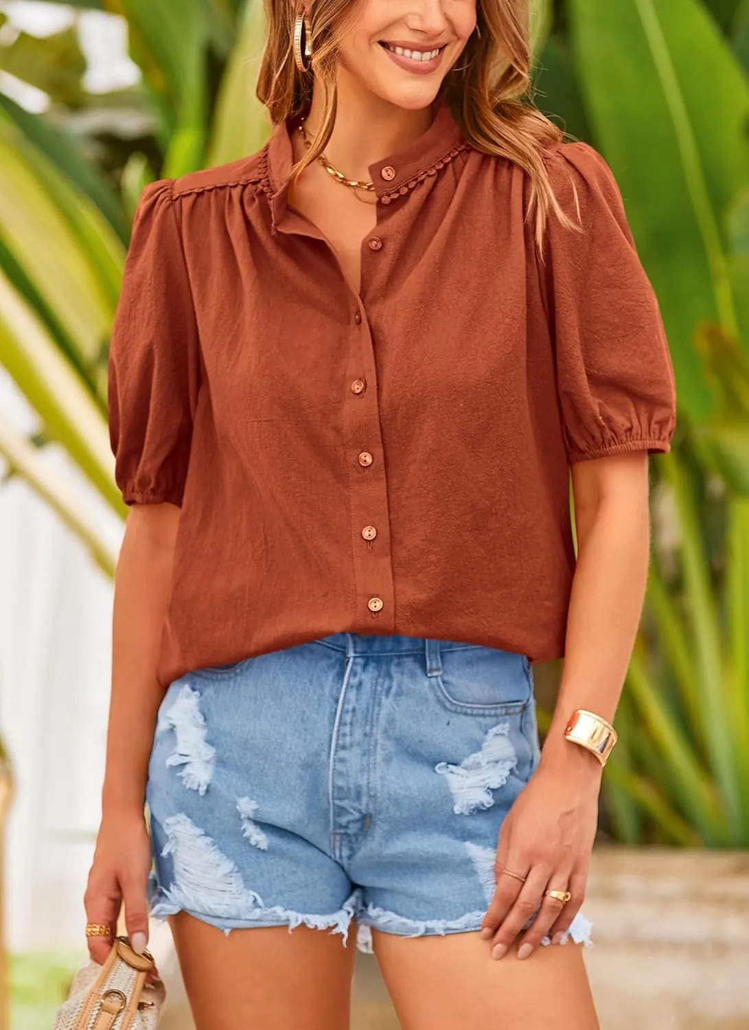 PRETTYGARDEN Women's Summer Button Down Shirts Short Lantern Sleeve V Neck Cotton Cute Dressy Casual Ladies Tops Blouses
